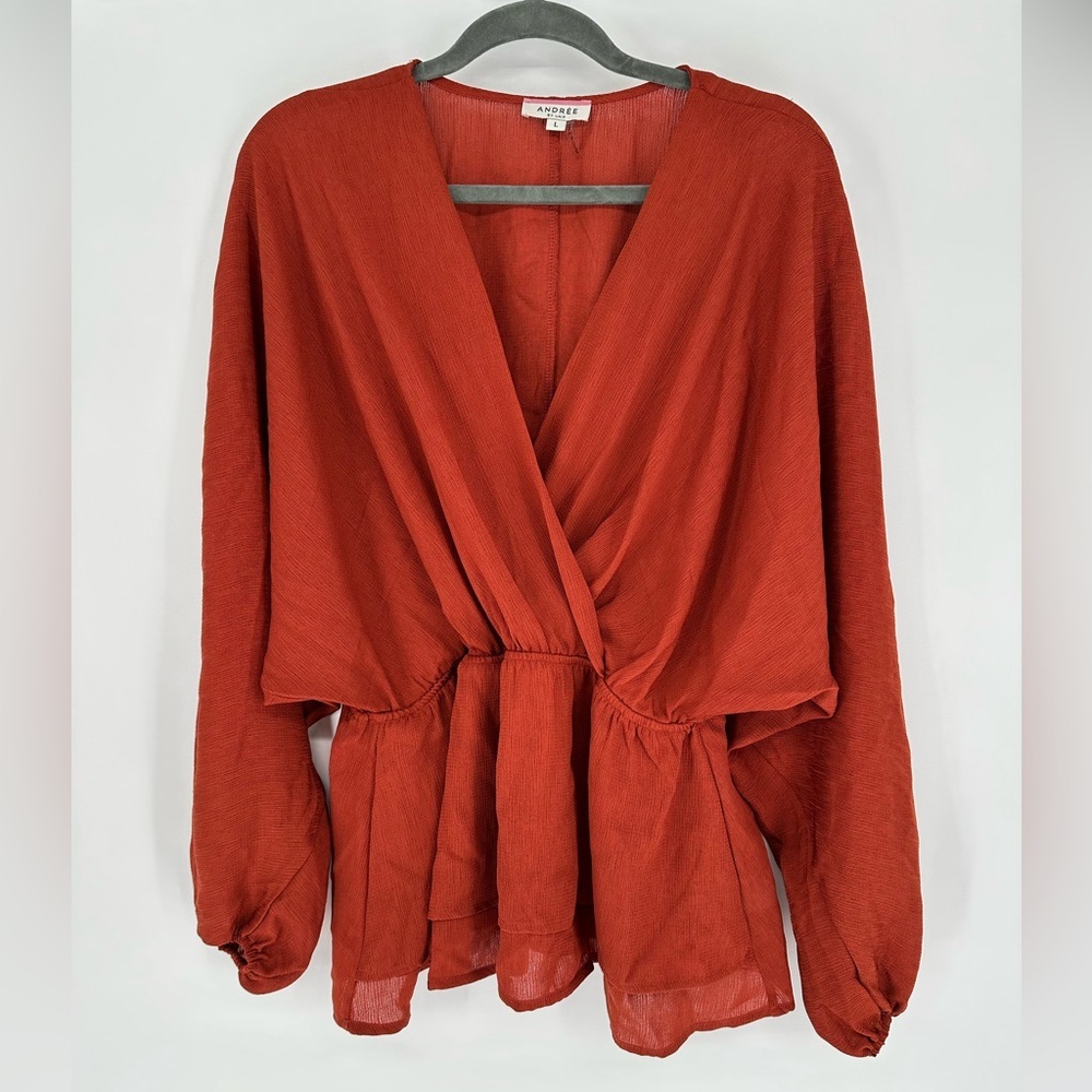 Andree by Unit Wrap Me Up Blouse L Rust Surplice Balloon Sleeve Boho Top